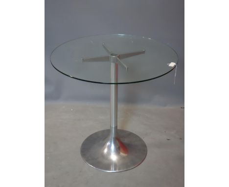 A vintage Circular glass topped table, raised on chrome base, H.73 D.76cm 