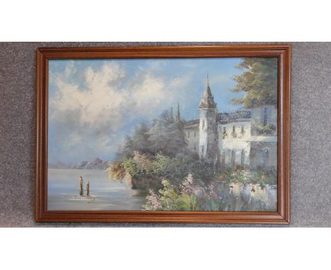 A large vintage framed oil on canvas, chateau by a lake, signed. 100x70cm 
