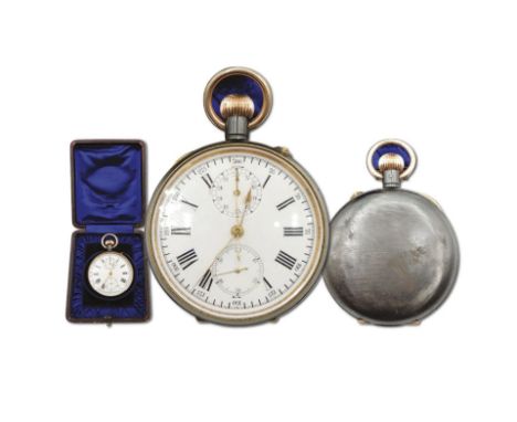 Mechanical chronograph pocket watch, housed in blackened steel case. Porcelain dial superb, watch recently serviced, unsigned