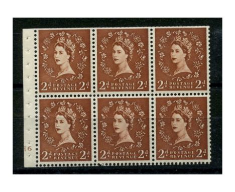 GB 1958 2d Light red-brown, cyl H6 pane of 6, mtd mint, cat. £500. SB79, SG573