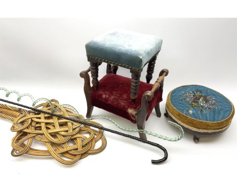 Victorian beadwork footstool with two other wooden upholstered footstools, one with turned bobbin legs, two Victorian glass f