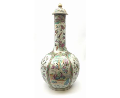 A 19th century Chinese Canton Famille Rose vase, of globular form with tall neck, and cover with finial, decorated with alter