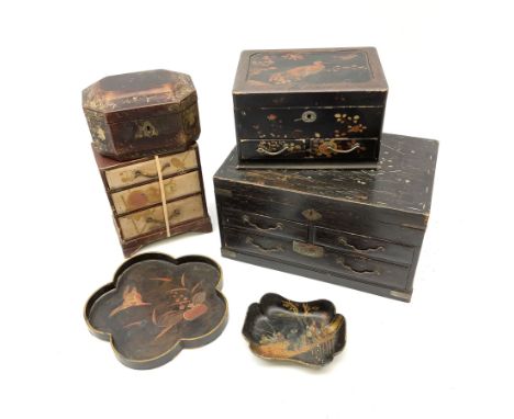 A 19th century Cantonese tea caddy. of rectangular form with canted corners, decorated with figural and foliate detail in gil