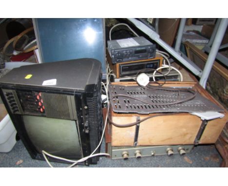 Audio equipment, comprising a Pye Rambler 12 Screen, projector screen, Bush radio, Elizabethan radio, Grundig car radio, Ferr