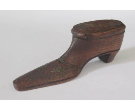A 19th Century Treen and Studded Snuff Box in the form of a shoe 