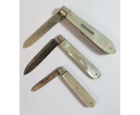 Three Silver and Mother of Pearl Fruit Knives, one with fork blade also 