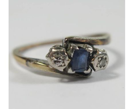 A 9ct Gold, Sapphire and Diamond Three Stone Ring, size M, 1.8g 