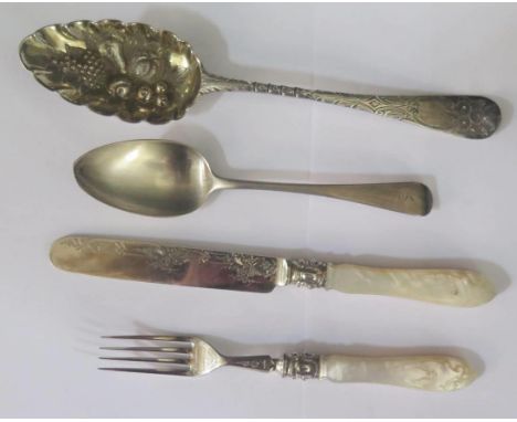 A George III Silver Berry Spoon London 1796 WEWE, a Victorian silver and mother of pearl fruit knife and fork and dessert spo