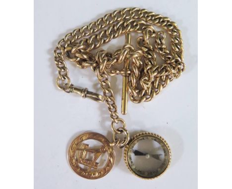 A 9ct Gold Albert with T-bar, Masonic fob and compass fob, 34.4g without compass fob 