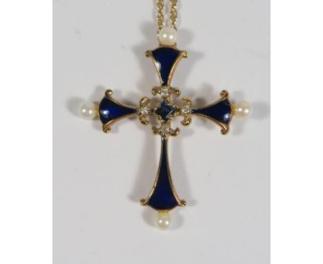A 14ct Gold, Enamel, Pearl and Diamond Cross (37mm) 2.9g and on 14ct gold chain 2g 