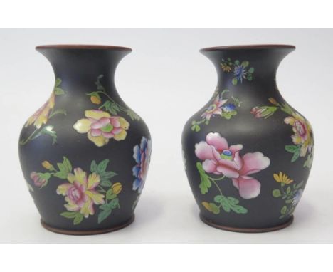 Two Pairs of Victorian Wedgwood Vases with enamel floral decoration, largest 12.5cm 