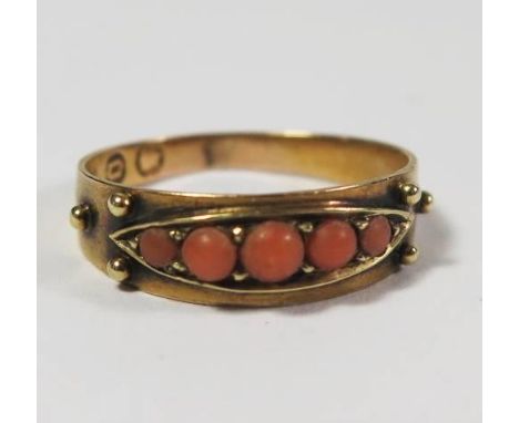 A Victorian 15ct Gold and Coral Ring, London 1869, size I, 1.8g 