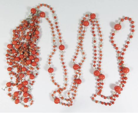 A Decorative Coral and Mother of Pearl Necklace, 127.6g, largest beads c. 13x12cm 