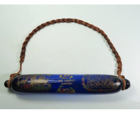 A 19th Century Bristol Blue Glass Rolling Pin decorated with THE SAILOR'S RETURN 