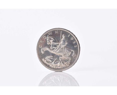 George V silver proof "Rocking Horse" crown dated 1935, Raised lettering on edge (2500 struck) within original fitted box.