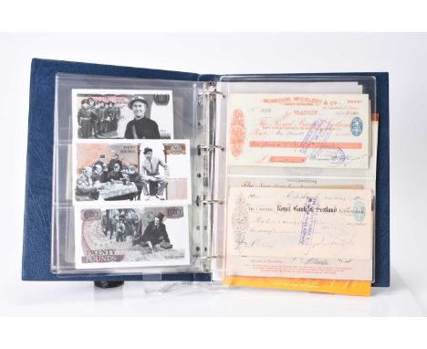 An album of assorted banknotes and cheques and a share certificate comprisingLimited edition banknote pair of £10 notes both 