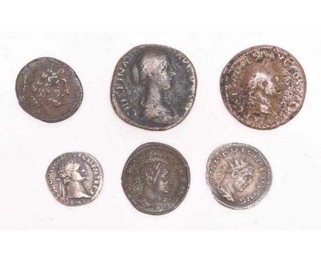 Five roman coins comprisingVespasian (69-79AD), Sestertius Domitian (81-96AD) Denarius Crispina (wife of Commodus from 178AD 