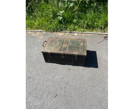 Vintage metal trunk measures approximately 10 tall 26 inches wide 