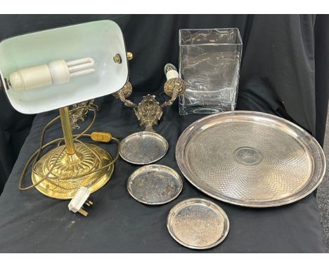 Selection of collectables to include desk lamp, wall lamps, silver plated tray, silver plated coasters 