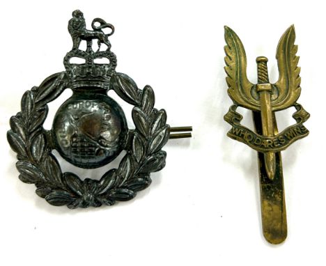 SAS Special Air Service Officers cap badge, bronze slider, Royal Marines WW2 cap badge 