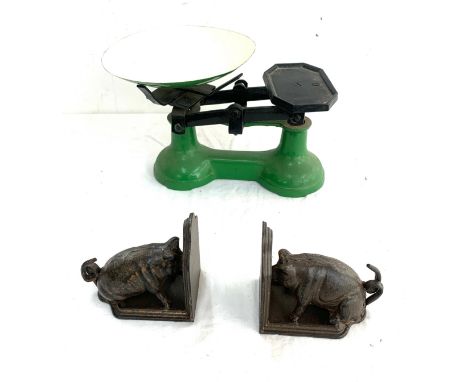 Vintage metal bookends and scales 