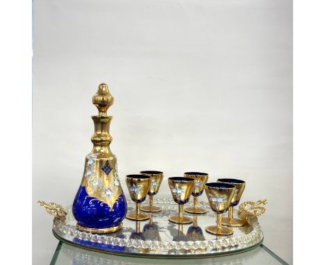 Bohemian glass decanter and six glasses on a fancy tray decanter height 32 cm 