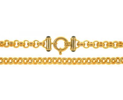A GOLD CHAIN, SET WITH SAPPHIRE CABOCHONS TO CLASP, MARKED 375, 25G++LIGHT WEAR CONSISTENT WITH AGE 