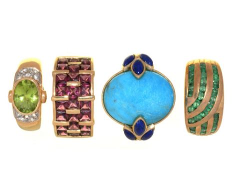 FOUR GEM SET RINGS IN 9CT GOLD, 23G, SIZE L - S++LIGHT WEAR CONSISTENT WITH AGE