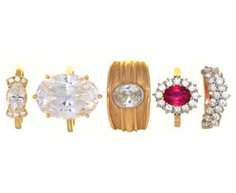 FIVE GEM SET 14CT GOLD RINGS, 23G, SIZE J - M++LIGHT WEAR CONSISTENT WITH AGE