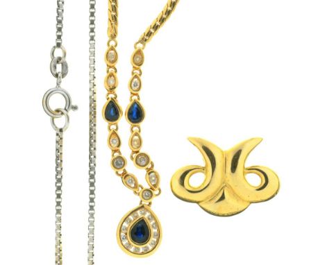 A SAPPHIRE AND DIAMOND NECKLACE IN 18CT GOLD, AND AN 18CT GOLD PENDANT AND CHAIN, 22G++LIGHT WEAR CONSISTENT WITH AGE 