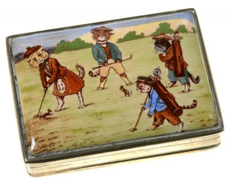 AN ELIZABETH II SILVER SNUFF BOX WITH PHOTO ENAMEL TO THE LID IN THE MANNER OF LOUIS WAIN, 5.5 CM W, LONDON 2001