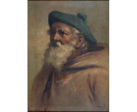 19TH CENTURY SCHOOL - PORTRAIT OF A BEARDED MAN IN A CAP AND CLOAK, HEAD AND SHOULDERS, INDISTINCTLY SIGNED, OIL ON CANVAS, 3