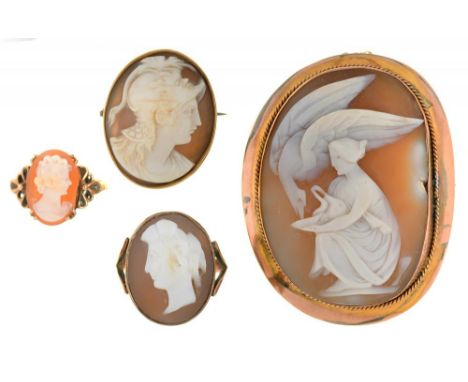 A SHELL CAMEO BROOCH OF LEDA AND THE SWAN IN GOLD MARKED 9CT, A SHELL CAMEO BROOCH OF A CENTURION IN GOLD MARKED 9CT AND TWO 