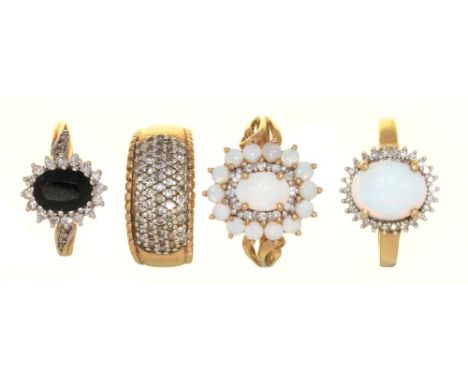 FOUR DIAMOND SET 9CT GOLD RINGS, COMPRISING A PAVE DIAMOND RING, STAMPED 0.50, TWO OPAL AND DIAMOND CLUSTER RINGS AND A SAPPH