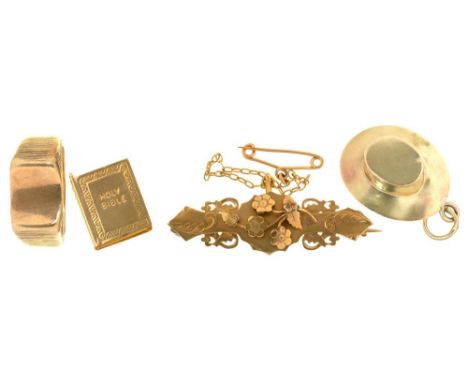 A VICTORIAN 9CT GOLD FLOWER BROOCH, TWO 9CT GOLD CHARMS AND A GOLD RING MARKED 9CT, 15G++LIGHT WEAR CONSISTENT WITH AGE 