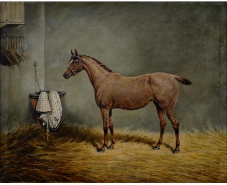 WILLIAM EDDOWES TURNER - PORTRAIT OF "ETHEL" A FAVOURITE MARE IN A LOOSE BOX, SIGNED, OIL ON CANVAS, 40 X 50CM