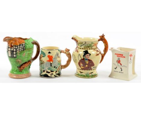 A WADE JOHNNIE WALKER SQUARE JUG, 14CM H, A MUSICAL FIELDING'S CROWN DEVON JOHN PEEL JUG, A SIMILAR HUNTING MUG AND A BURLEIG