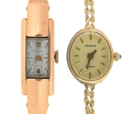 A SULTANA GOLD LADY'S WRISTWATCH, MARKED 18K 0,750, WITH HINGED GOLD BRACELET MARKED 750, 14G AND A GENEVE GOLD LADYS WRISTWA