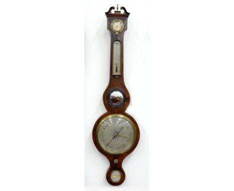 AN EARLY 19TH C MAHOGANY AND LINE INLAID BAROMETER, THE BUBBLE LEVEL INSCRIBED PETER CORDI, WARWICK WARRANTED, WITH ALCOHOL T