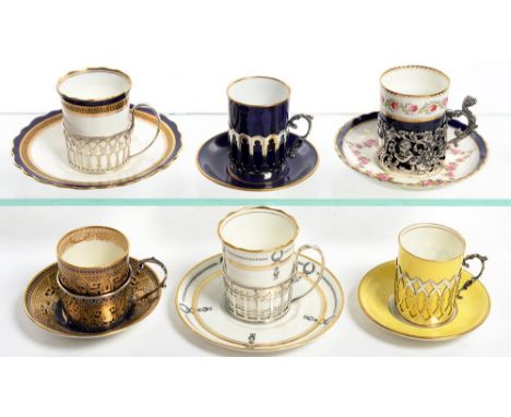 SIX AYNSLEY, COPELAND AND GEORGE JONES COFFEE CUPS AND SAUCERS, EACH WITH PIERCED SILVER HOLDER, VARIOUS SIZES, PRINTED MARKS