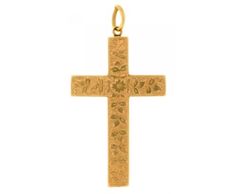 A VICTORIAN FOLIATE ENGRAVED GOLD CROSS, 4 X 2.5 CM APPROX, 4G++In good condition with light scratches consistent with age 