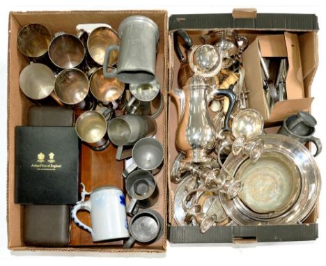 MISCELLANEOUS PLATED AND OTHER METALWARE, INCLUDING A MAPPIN &amp; WEBB THREE PIECE COFFEE SERVICE, SALVERS, PEWTER TANKARDS,