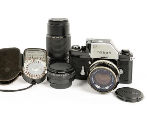 A NIKON F 33MM CAMERA, NIKKOR-S F 1.4 50MM AND F 3.5 75-150MM LENSES ETC