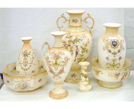 FOUR CROWN DUCAL VASES, TWO BOWLS AND A CANDLESTICK, DECORATED WITH BIRDS IN BRANCHES OR FLOWERS ON A SHADED APRICOT GROUND, 