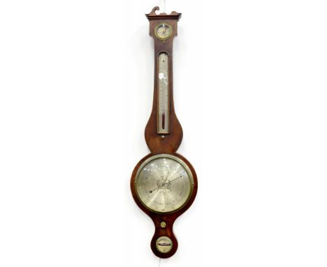 AN EARLY 19TH C MAHOGANY AND LINE INLAID BAROMETER, THE BUBBLE LEVEL INSCRIBED J &amp; P BREGAZZI, MAKER NEWARK WARRANTED, AL