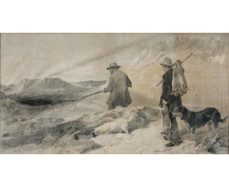 A PAIR OF VICTORAIN SEPIA PRINTS AFTER RICHARD ANDSELL, 28 X 55CM AND JOHN TRICKET, PORTRAIT OF A DOG, PRINT, SIGNED BY THE A
