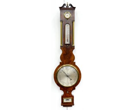 A VICTORIAN BRASS MOUNTED MAHOGANY BAROMETER, WITH CYLINDRICAL PILLARS AND ALCOHOL THERMOMETER, 99CM H