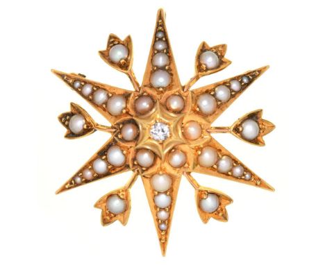A VICTORIAN OLD CUT DIAMOND AND SPLIT PEARL STAR BROOCH, IN GOLD, UNMARKED, 3.5 CM APPROX, 7.5G++LIGHT WEAR CONSISTENT WITH A