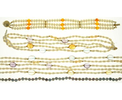 A FIVE ROW KEISHI PEARL NECKLACE, WITH AMETHYST, TOPAZ AND CITRINE AT INTERVALS, GOLD CLASP MARKED 14K AND BRACELET EN SUITE,
