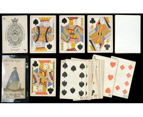 AN EARLY 19TH C GERMAN ETCHED PLAYING CARD HAND COLOURED, MAP REVERSE AND A 19TH C ENGLISH STANDARD PACK OF PLAYING CARDS BY 